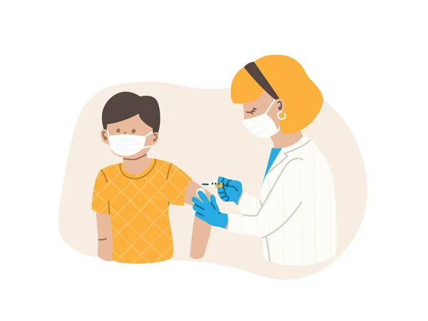 Médico Enfermera Inyectan Vacuna Paciente Niño Adolescente Muchacho Concepto Vacunación — Vector de stock