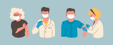 Aşı Konsepti Karakterleri - Doktor ve Hemşire Aşı Enjeksiyonu. Koronavirüs ve gribe karşı aşı. Erkek ve kadın hastalar. Vektör düz illüstrasyon EPS 10.