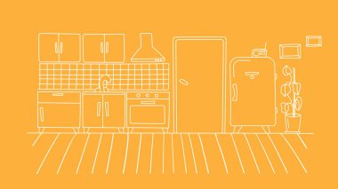 Mutfak içi daire kadar basit. Mutfak mobilyalarının doğrusal çizgileri. Tek renkli vektör çizimi. Sarı arkaplan, beyaz çizgiler.