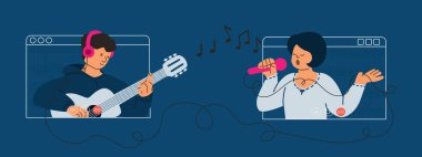 Kız şarkıcı ve erkek gitarist bir video görüşmesi yapıyor. Online konser. İkili gitar çalar ve şarkı söyler. Sosyal ağlarda yayın. Vektör düz resimleme.