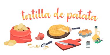 İspanyol patatesli omlet malzemeleri - tortilla de patata. Zeytinyağı, soğan, patates, yumurta, kesim tahtası ve bıçak. Beyaz arkaplanda vektör illüstrasyonu.