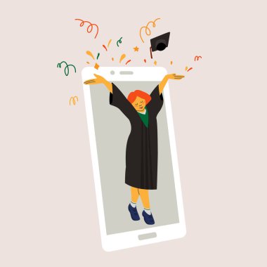 Manto giymiş mezun bir kız şapkasını akıllı telefon ya da tabletin arka planına doğru fırlatıyor. Mezuniyet sanal 2021 yılının izole vektör çizimi.