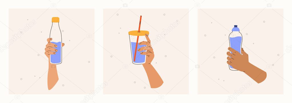 Set of illustrations of hands holding water bottles. Reusable dishes, mugs, bottles, thermoses. Zero waste concept, trendy style vector.