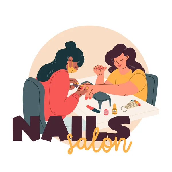 Ilustração Salão Beleza Profissional Manicure Unha Artista Trabalho Duas Jovens —  Vetores de Stock