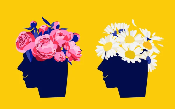 精神健康概念 一个头像的抽象图像 里面有花 花卉和树叶象征着灵感 镇定和良好的精神行为 — 图库矢量图片