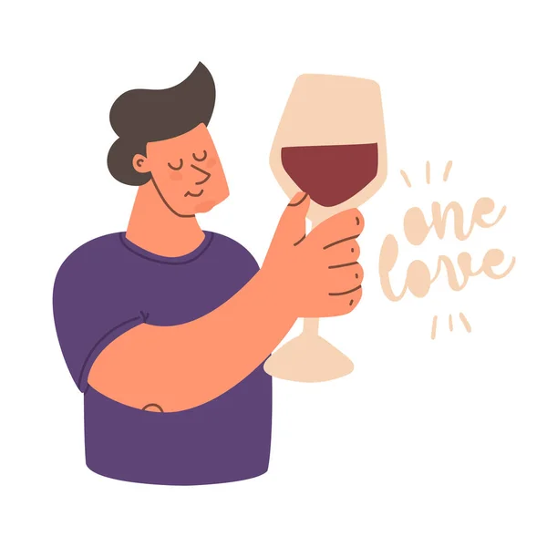 Lindo Hombre Con Una Copa Vino Tinto Texto Letras Amor — Vector de stock