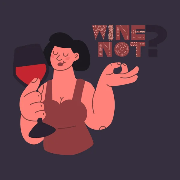 Pas Vin Femme Avec Verre Vin Rouge Lettrage Manuscrit Illustration — Image vectorielle