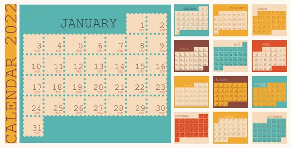 Calendar 2022 Organizer Planner Template Week Starts Monday Vertical Layout — Stock Vector