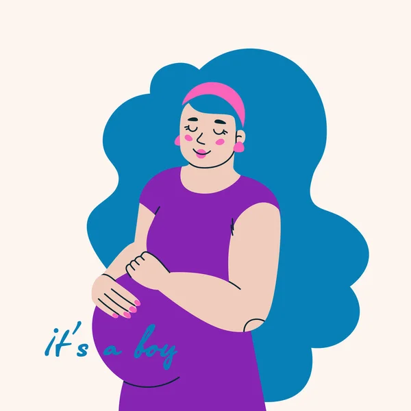 Беременная Молодая Женщина Голубыми Волосами Напиши Мальчик Иллюстрация Наклейки Поздравительной — стоковый вектор