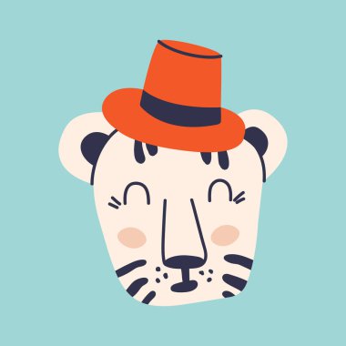 Tatlı kaplan kafası. Renkli karalama, şapkalı beyaz kaplan yavrusu. Vektör karikatür çizimi. 2022 Yılının Sembolü.