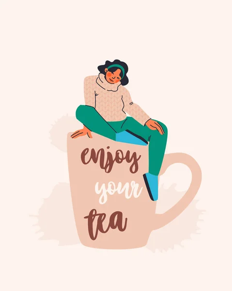 Postcard Text Enjoy Your Tea Cute Young Woman Sweater Sitting — Stock Vector