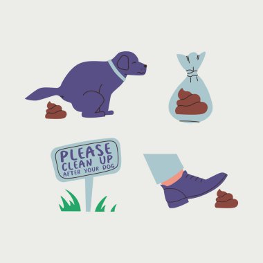 Evcil hayvanınızın arkasını temizlemek için bir kaç çizim. Şirin köpek kakaları, kakaya basan ayak sesleri, çöp torbası. Tabelada köpeğinizin arkasını toplayın yazıyor..