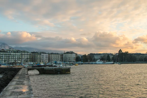 View of Geneva, Switzerland waterfront from the Jetée des Eaux-