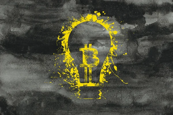 Yellow light bulb with bitcoin logo on black watercolor background