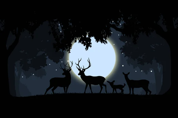 Herd of wild deer at night in the forest with full moon and stars in the sky. Wildlife scene background illustration