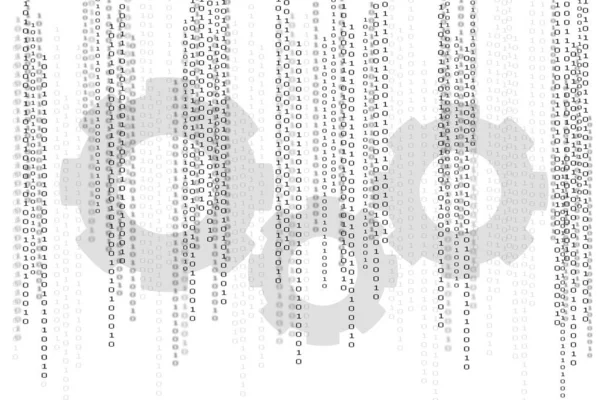 Binary code white background with gears. Technology or software innovation, invention, new idea concept