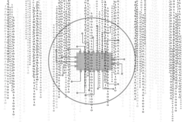 コンピュータチップ 半導体 集積回路を備えたバイナリコードの白い背景 — ストック写真