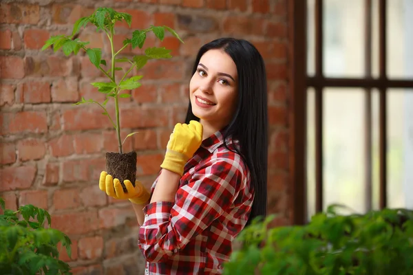 Portrait d'une charmante jeune femme jardinage — Photo