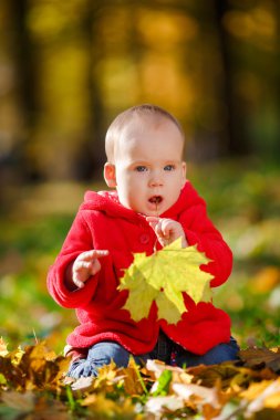 Kırmızı elbiseli sarı yaprakları ile oynayan neşeli bebek