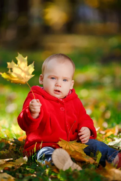 Cheerful baby in a red dress playing with yellow leaves — Stock Photo, Image