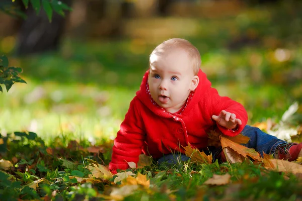 Fröhliches Baby im roten Kleid, das mit gelben Blättern spielt — Stockfoto