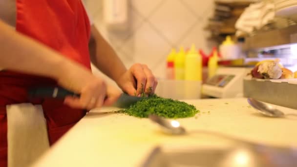 Mãos femininas chef cortar legumes frescos e endro — Vídeo de Stock