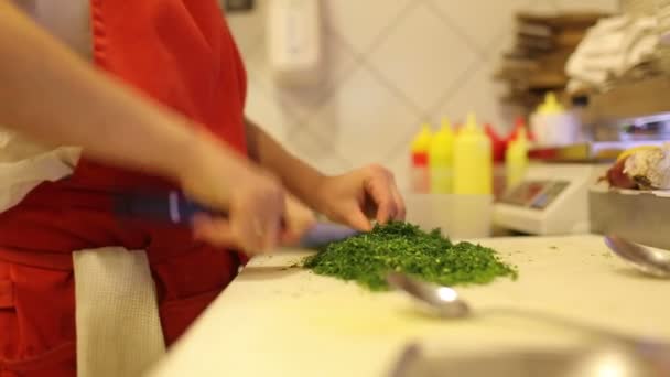 Mãos femininas chef cortar legumes frescos e endro — Vídeo de Stock