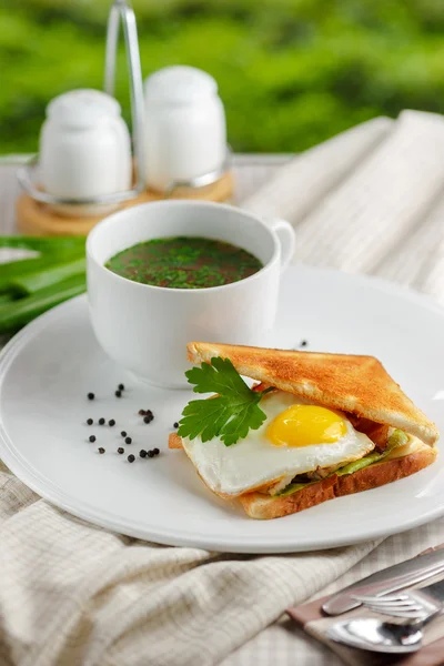 Сэндвич с яичницей, листьями петрушки и кружкой супа — стоковое фото