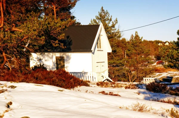 Kleines weißes Holzhäuschen inmitten der Bäume im Winter — Stockfoto