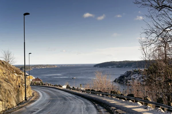 Asfalt yol üzerinde fiyort, Norveç — Stok fotoğraf