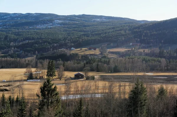 Vista noruega de una granja en las montañas — Foto de Stock