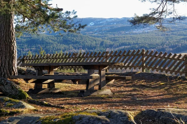 Norský lavička s mountain view Stock Snímky