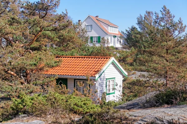 Norvegese casa tradizionale in legno tra gli alberi — Foto Stock