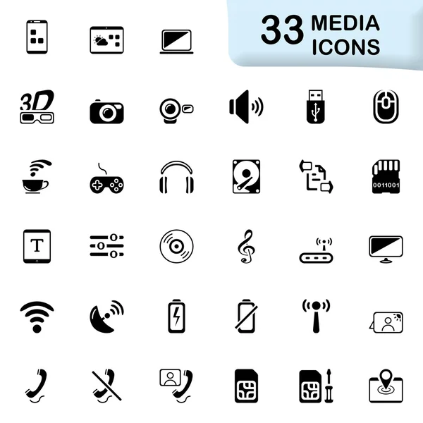 33 černá mediální ikony — Stockový vektor