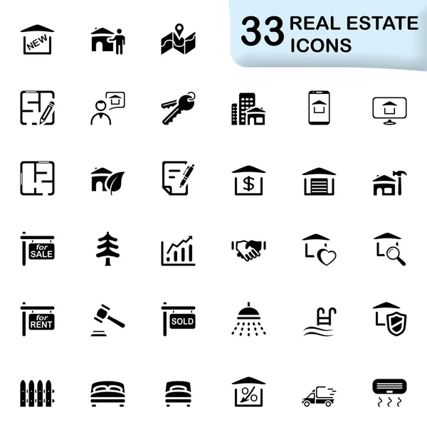 33 ícones imobiliários negros — Vetor de Stock