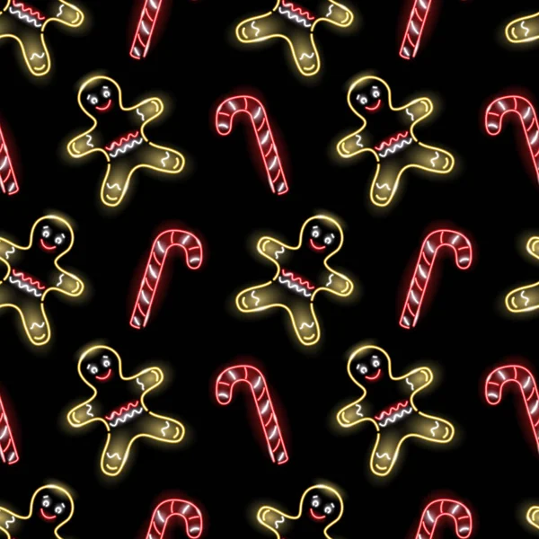 Weihnachten nahtloses Muster mit neonfarbenem Zuckerrohr und Lebkuchenmännchen-Ikonen auf schwarzem Hintergrund. Winterurlaub, Weihnachten, Neujahrskonzept für Tapete, Verpackung, Druck. — Stockvektor