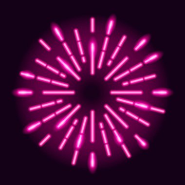 Koyu mor arkaplandaki parlak ışınların neon patlaması. Yıldız patlaması tasarım elemanı. Vektör 10 EPS illüstrasyonu.