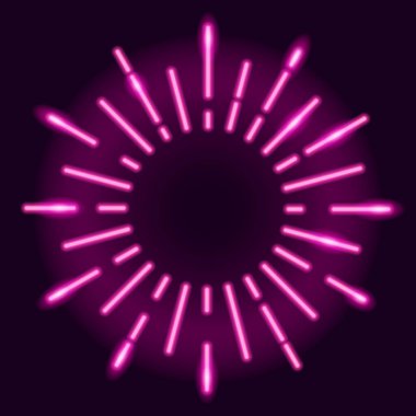 Koyu mor arkaplanda neon güneş patlaması tasarımı elementi. Radyal ışınlar çerçevesi. Vektör 10 EPS illüstrasyonu.