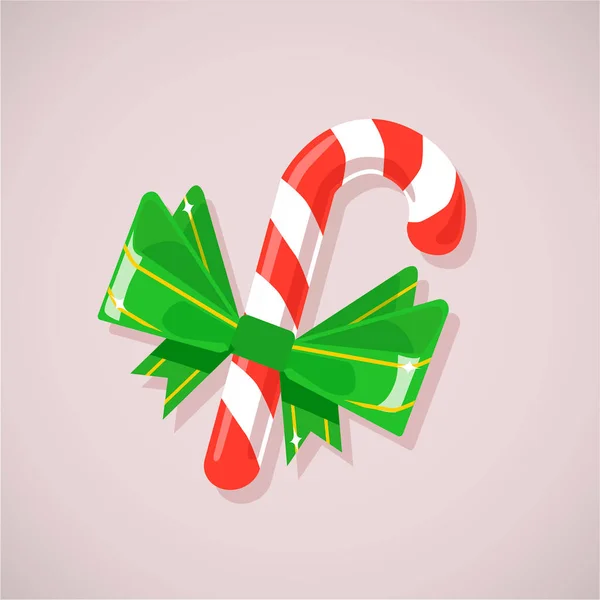 Candy Cane Green Bow Flat Icon Illustration Holiday Sweet Treat — Stock Vector