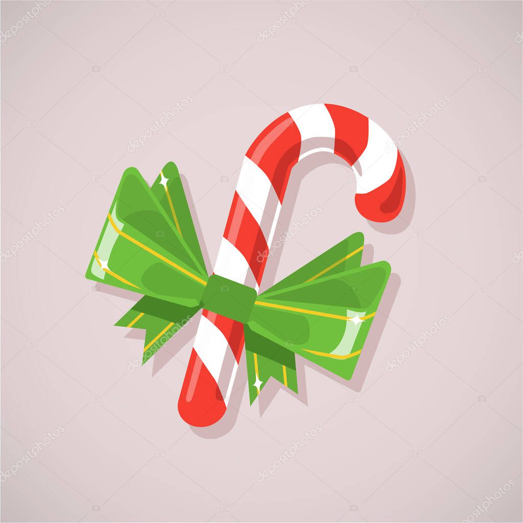 Candy cane with green bow flat icon. Illustration for holiday, sweet, treat or childy concept. Vector 10 EPS illustration.