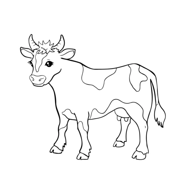 Boyama sayfası ya da kitap için şirin bir inek. Çiftlik hayvanı karakterinin siyah beyaz çizimi. Stok Illüstrasyon