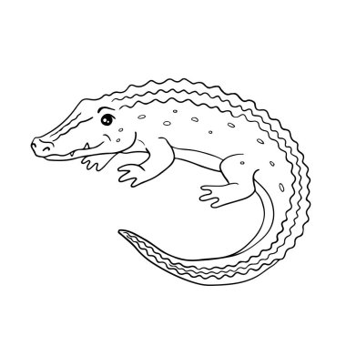 Boyama sayfası ya da kitap için sevimli çizgi film timsahı. Hayvan karakterinin siyah ve beyaz ana hatları.