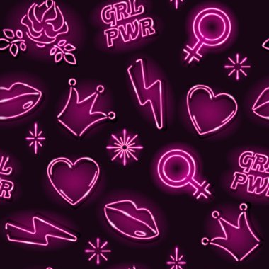 Koyu arkaplanda neon ikonlar olan hatunsal, pürüzsüz desen. Kız gücü ya da feminist konsept. Vektör illüstrasyonu.