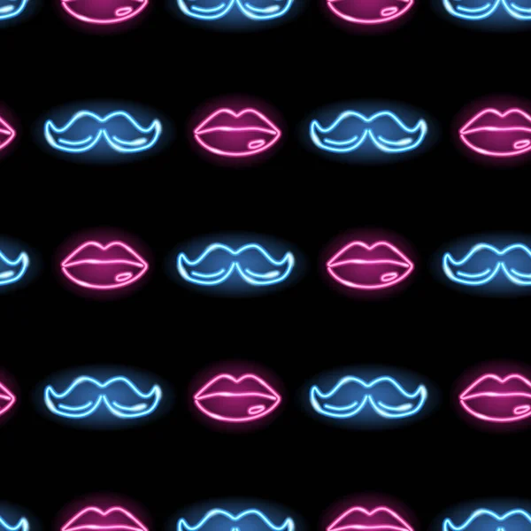 Modello senza cuciture con icone rosa fluo e blu di labbra e baffi su sfondo nero. Simboli maschili e femminili. Illustrazione vettoriale — Vettoriale Stock