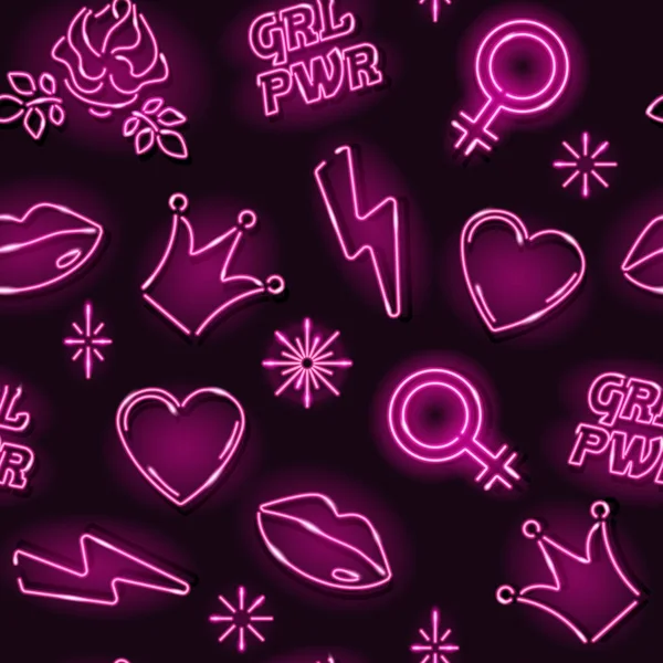 Girly nahtlose Muster mit Neon-Symbolen auf dunklem Hintergrund. Girl Power oder feministisches Konzept. Vektorillustration. — Stockvektor