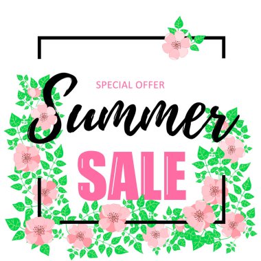 Köpek gülü çiçekli yaz indirimi afişi. Reklam afişleri, etiketler, posterler, web sunumu için tasarım. Vektör illüstrasyonu.