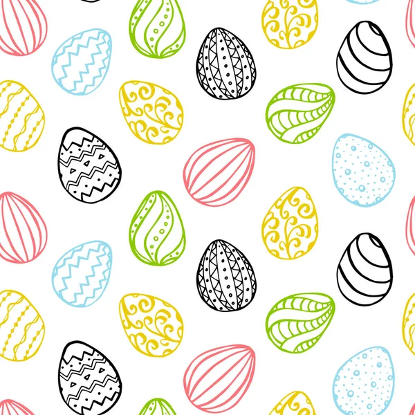 Patrón sin costura de Pascua con huevos dibujados a mano azul, verde, amarillo, rosa y negro sobre fondo blanco. Al estilo Doodling. Ilustración vectorial — Vector de stock