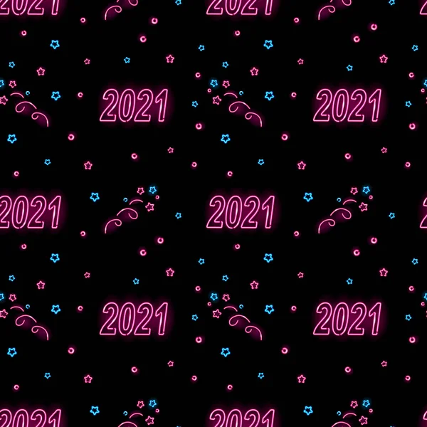Неоновий 2021 Рік Безшовний Візерунок Рожевими Синіми Іконками Чорному Тлі — стоковий вектор