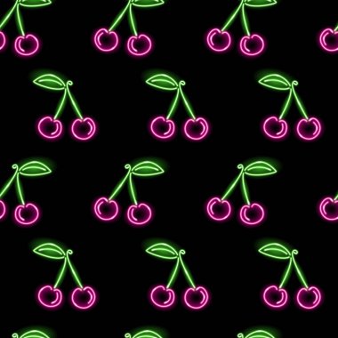 Kusursuz desenli, koyu arkaplanda neon kiraz çileği. Yaz, kız işi, duvar kağıdı, baskı ya da ambalaj kağıdı için tatlı bir kavram. Vektör 10 EPS illüstrasyonu.