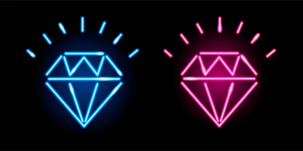Neon Diamanten Iconen Geïsoleerd Zwarte Achtergrond Blauw Roze Kristallen Logo — Stockvector
